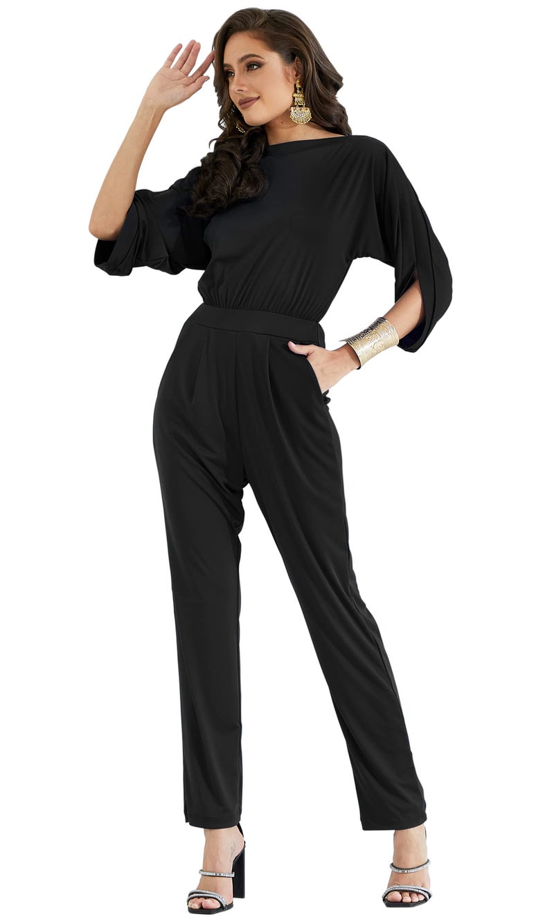 KOH KOH Plus Size Womens Short Sleeve Sexy Formal Cocktail Casual Cute Long Pants One Piece Fall Pockets Dressy Jumpsuit Romper Long Leg Pant Suit Suits Outfit Playsuit, Black 2XL 18-20 - Image 1
